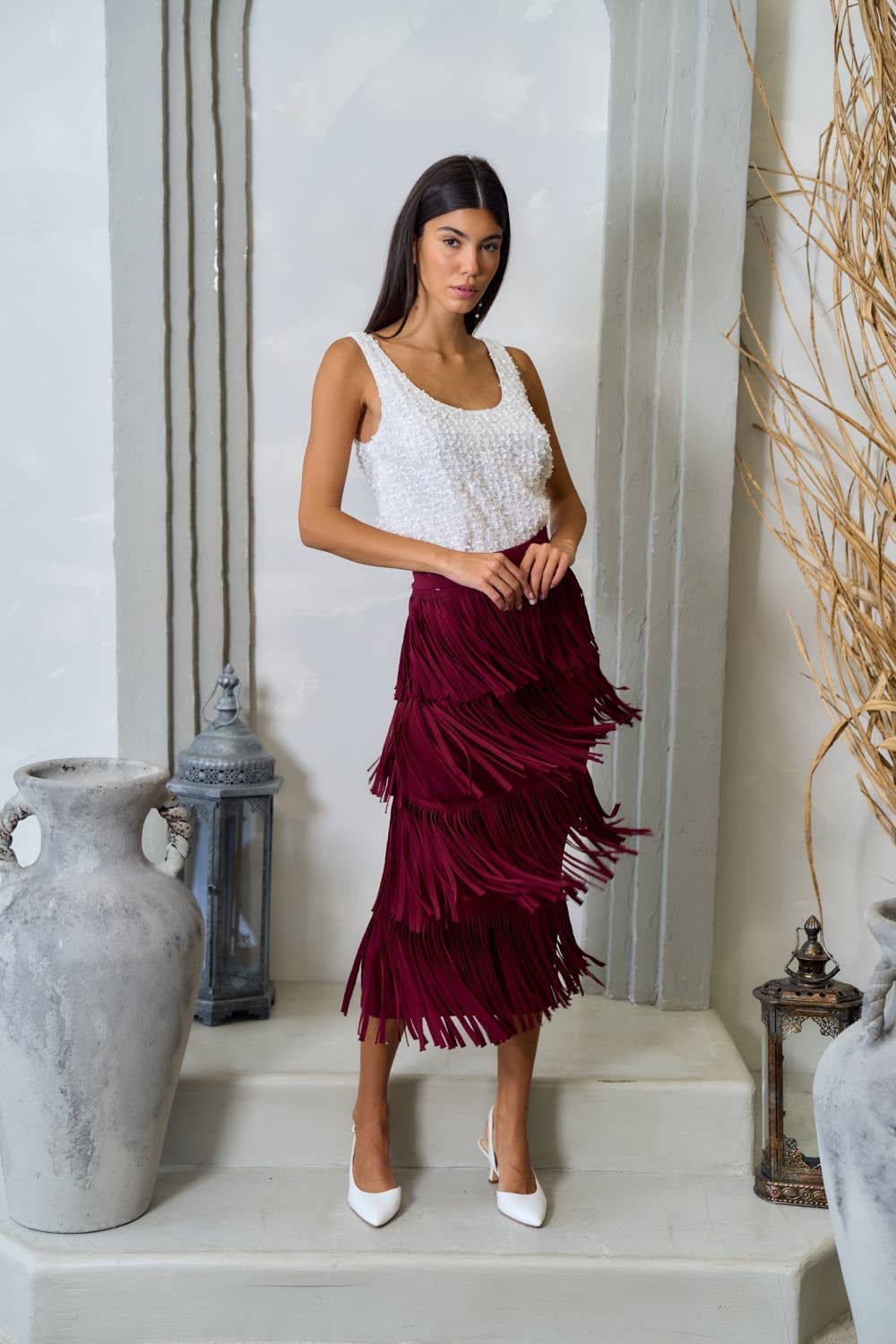 Malorca Fringe Sweater Skirt - Wine