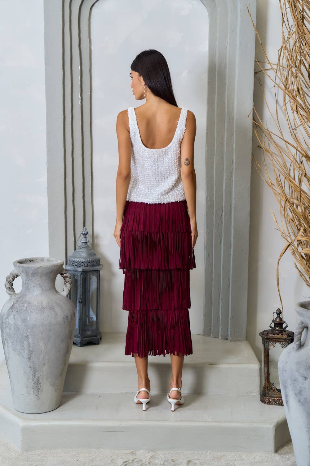 Malorca Fringe Sweater Skirt - Wine