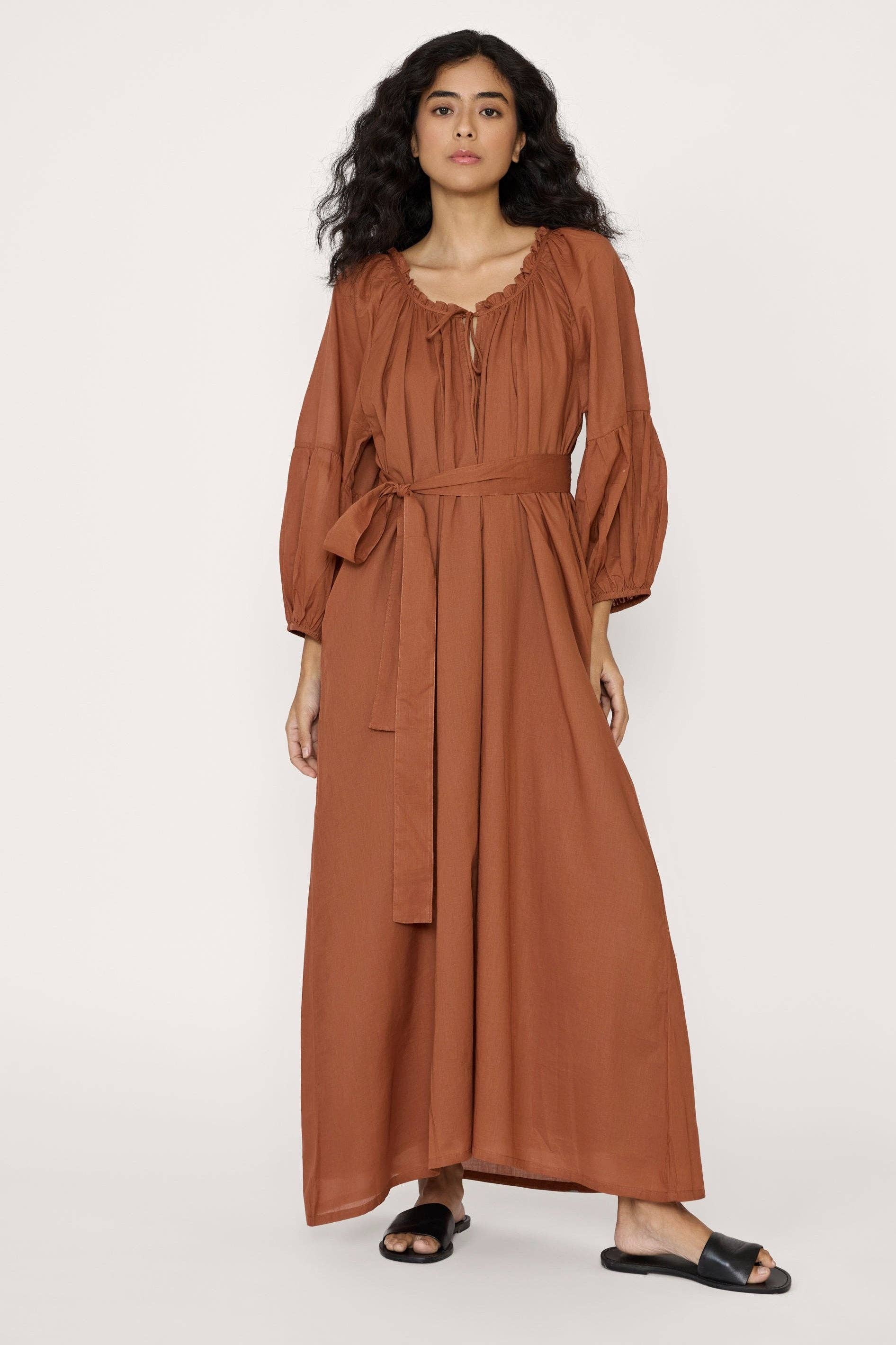 Long Sleeve Plunge Dress - Clay