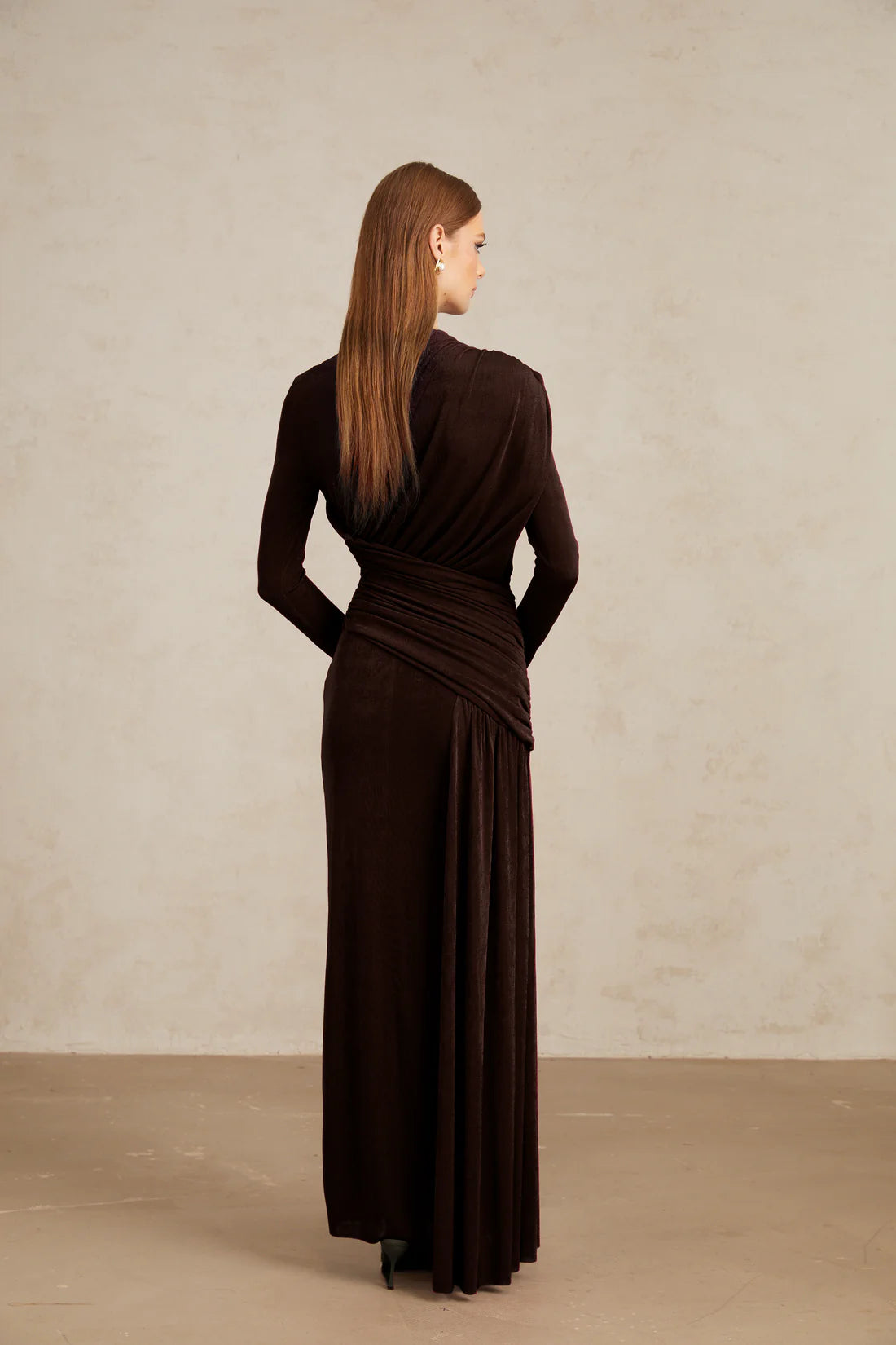 Charme Brown Ruched Maxi Dress
