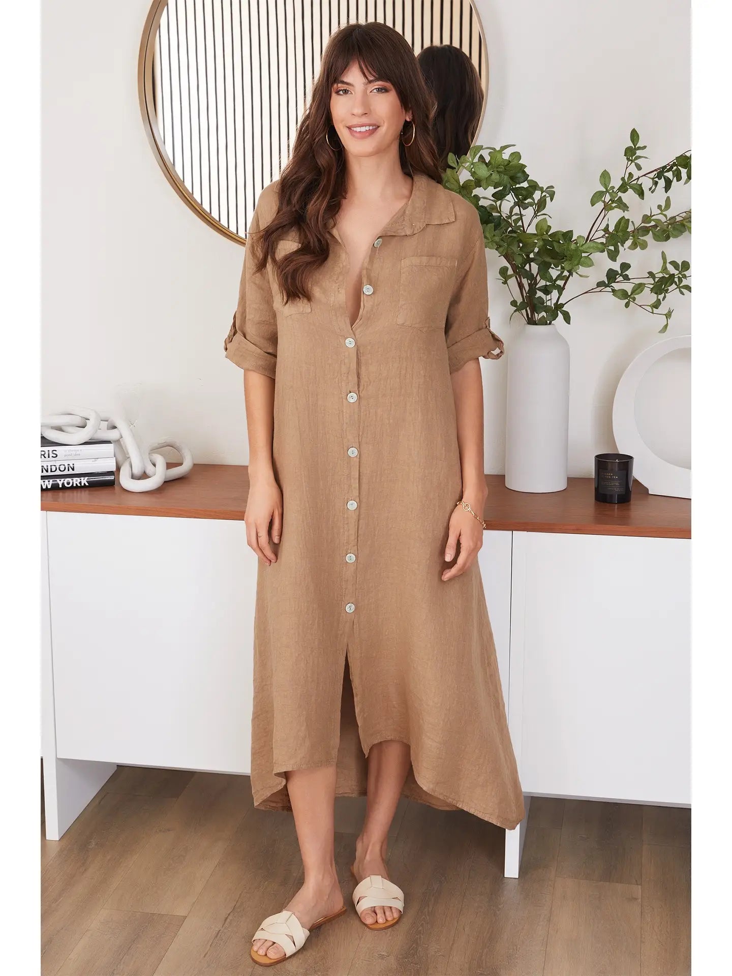 Ronda Linen Button Down Dress - Camel