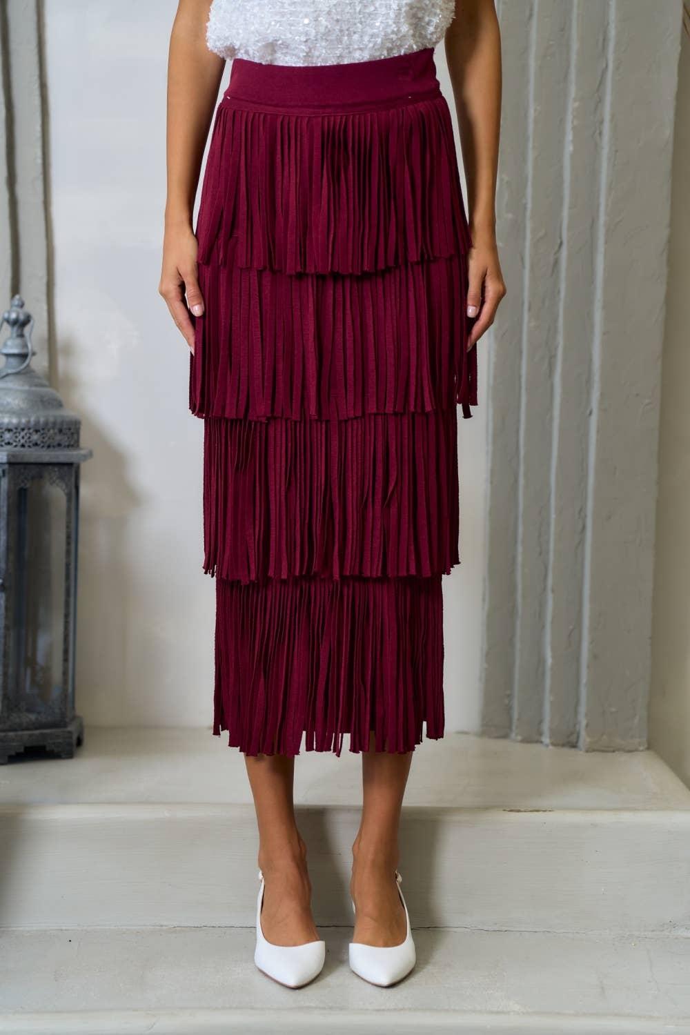 Malorca Fringe Sweater Skirt - Wine