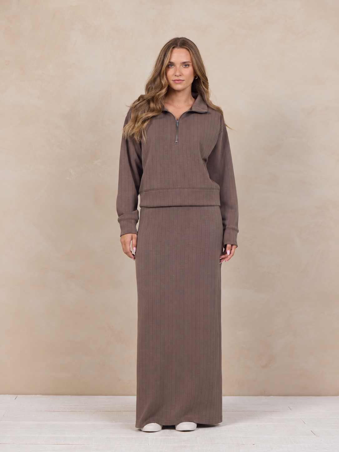 Cloud Stripe Quarter Zip Set - Taupe