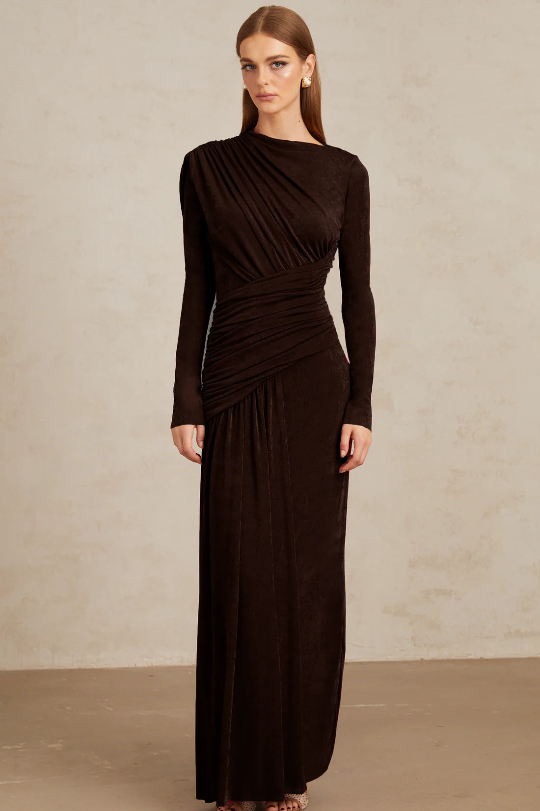 Charme Brown Ruched Maxi Dress