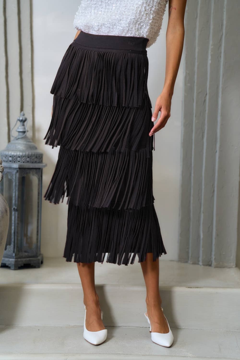 Malorca Fringe Sweater Skirt - Black