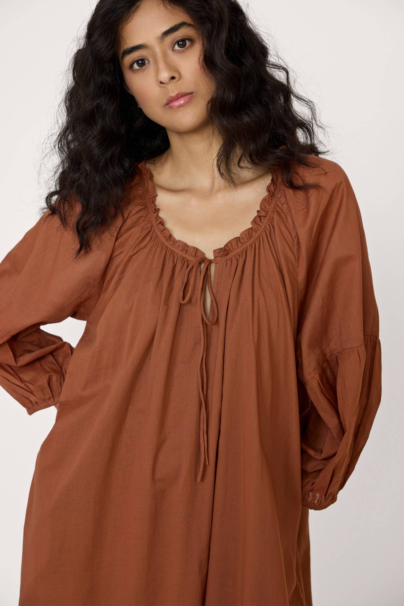 Long Sleeve Plunge Dress - Clay
