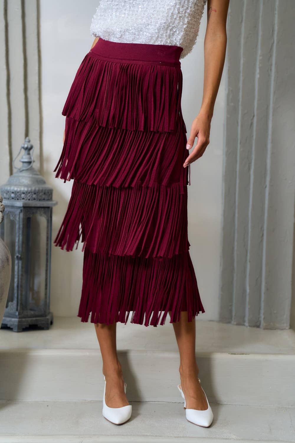 Malorca Fringe Sweater Skirt - Wine