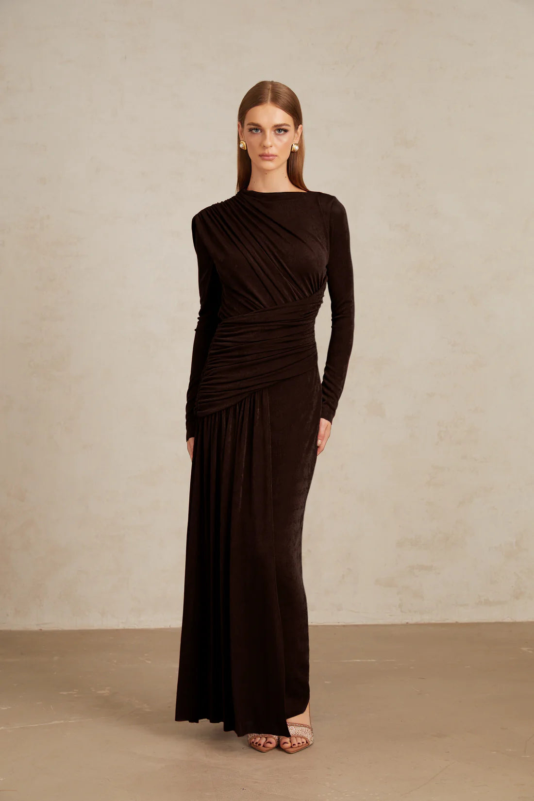 Charme Brown Ruched Maxi Dress