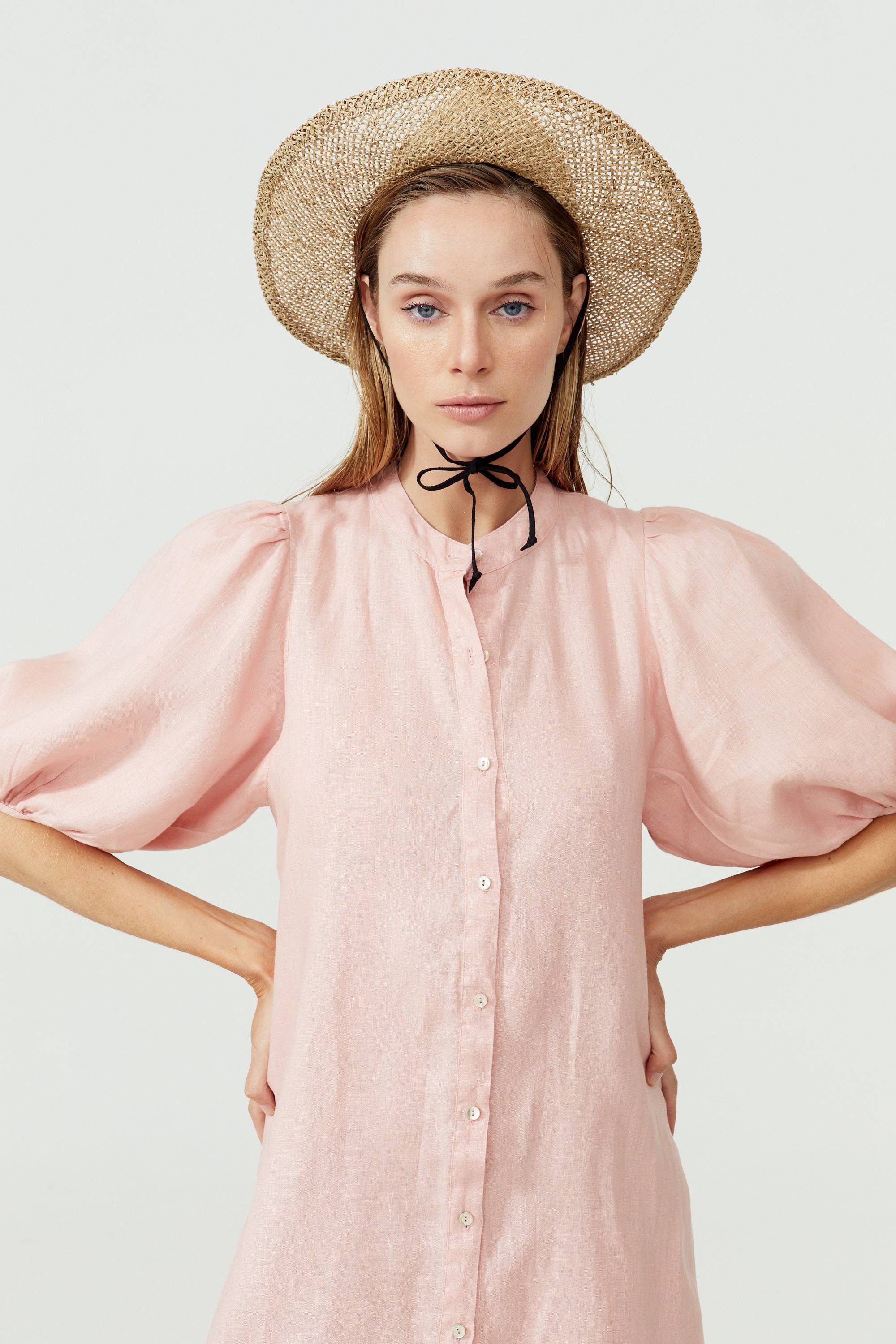 Bubble Linen Dress - pink