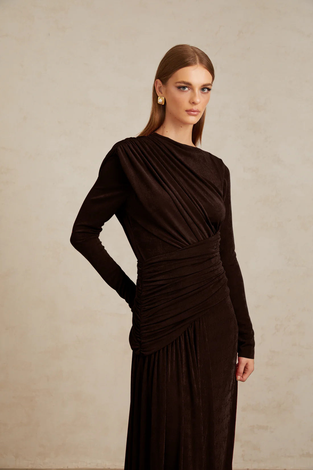 Charme Brown Ruched Maxi Dress
