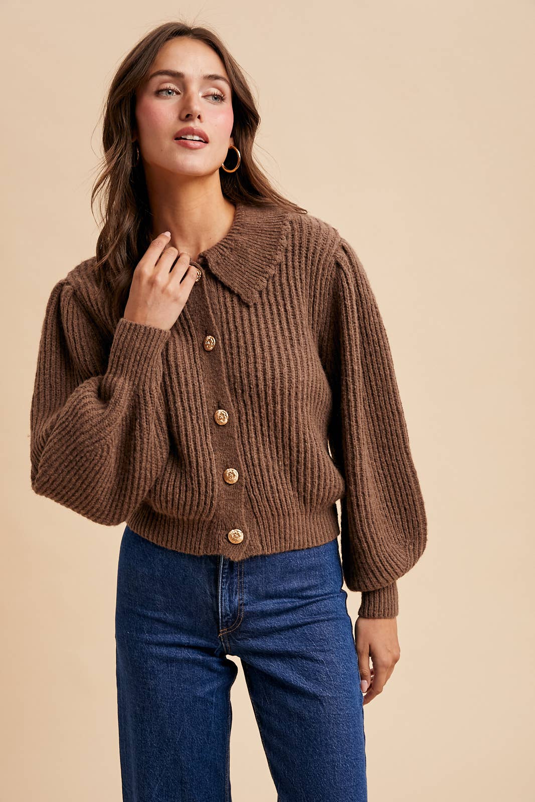 CHUNKY COLLAR KNITTED CARDIGAN: MOCHA MOUSSE / M