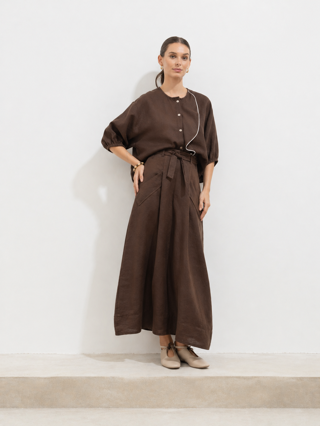 Paz Linen Set with Coral Shirt - Chocolate