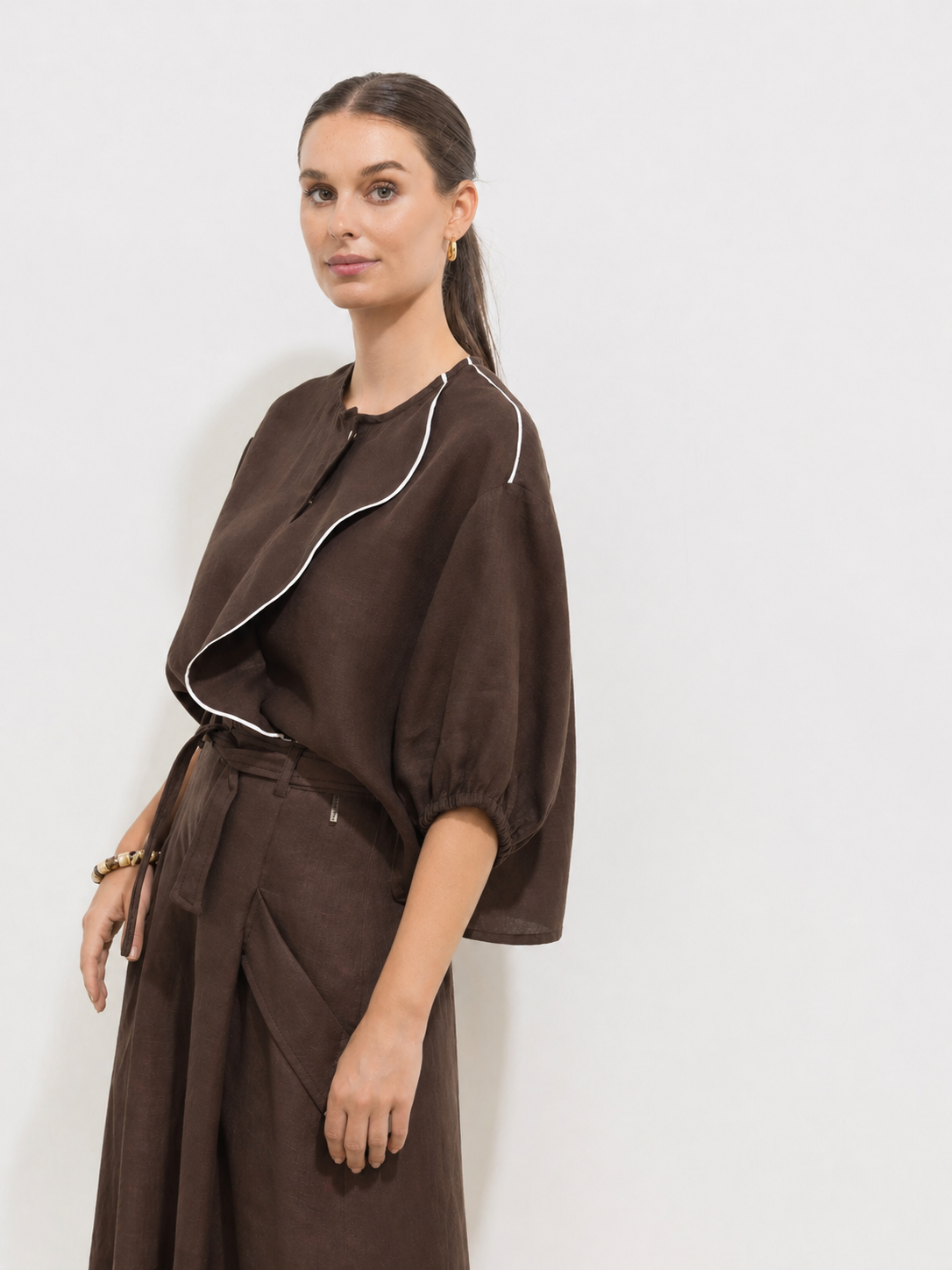 Paz Linen Set with Coral Shirt - Chocolate