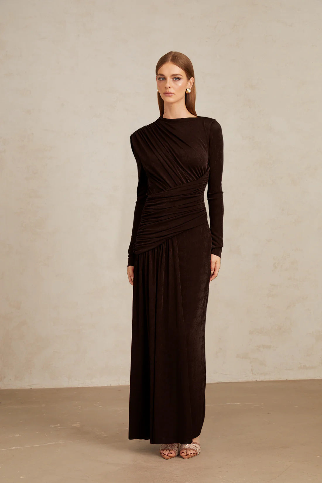 Charme Brown Ruched Maxi Dress