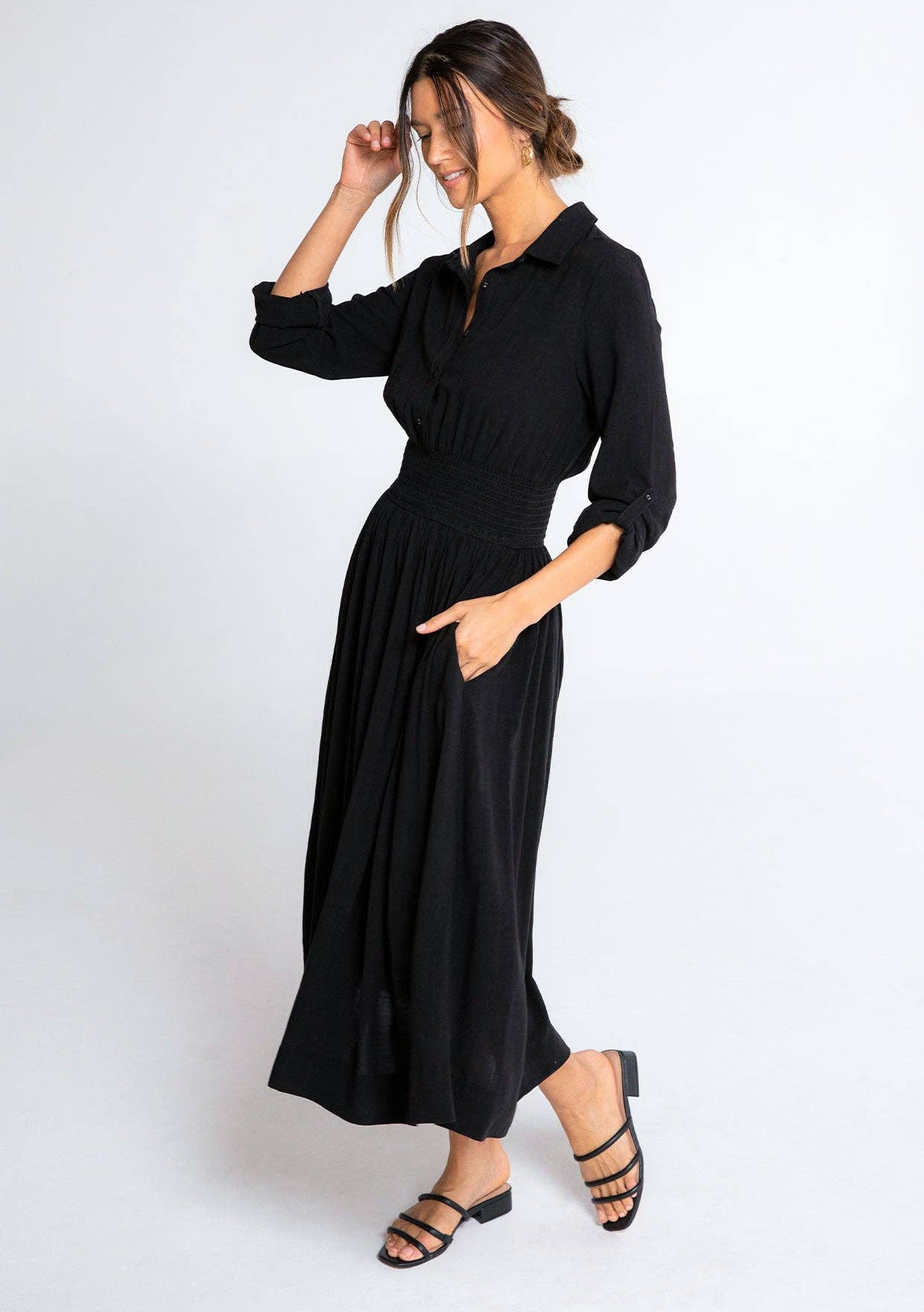 Smocked Midi Dress - Black