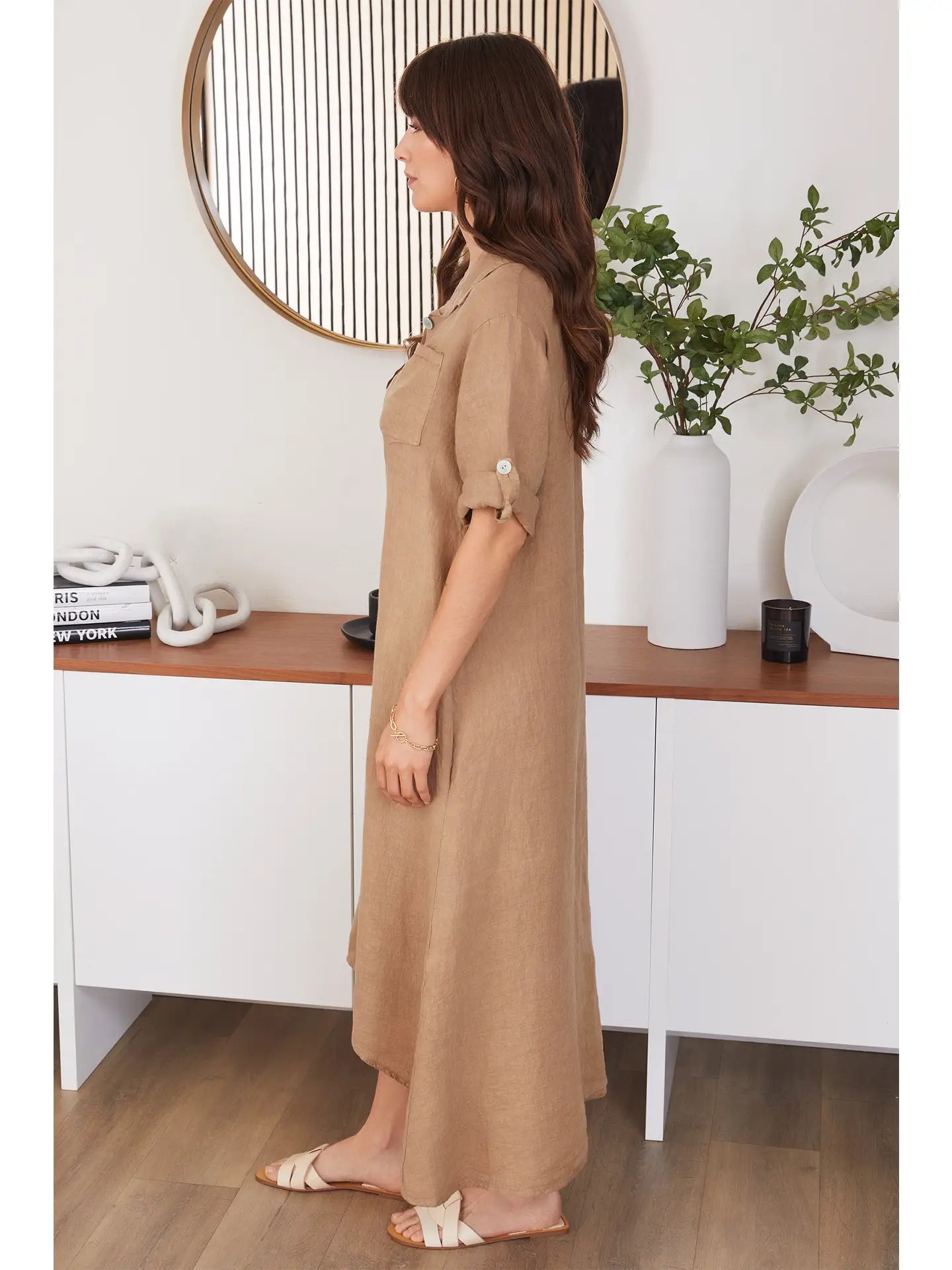 Ronda Linen Button Down Dress - Camel
