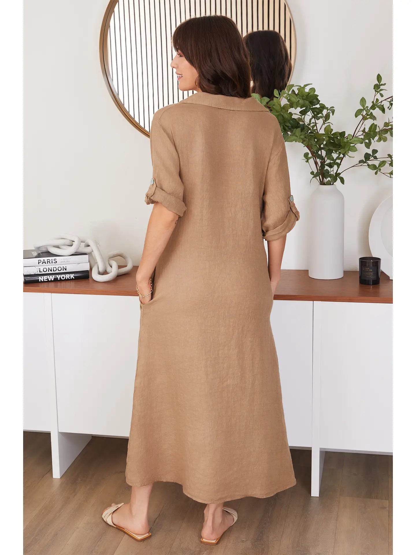 Ronda Linen Button Down Dress - Camel