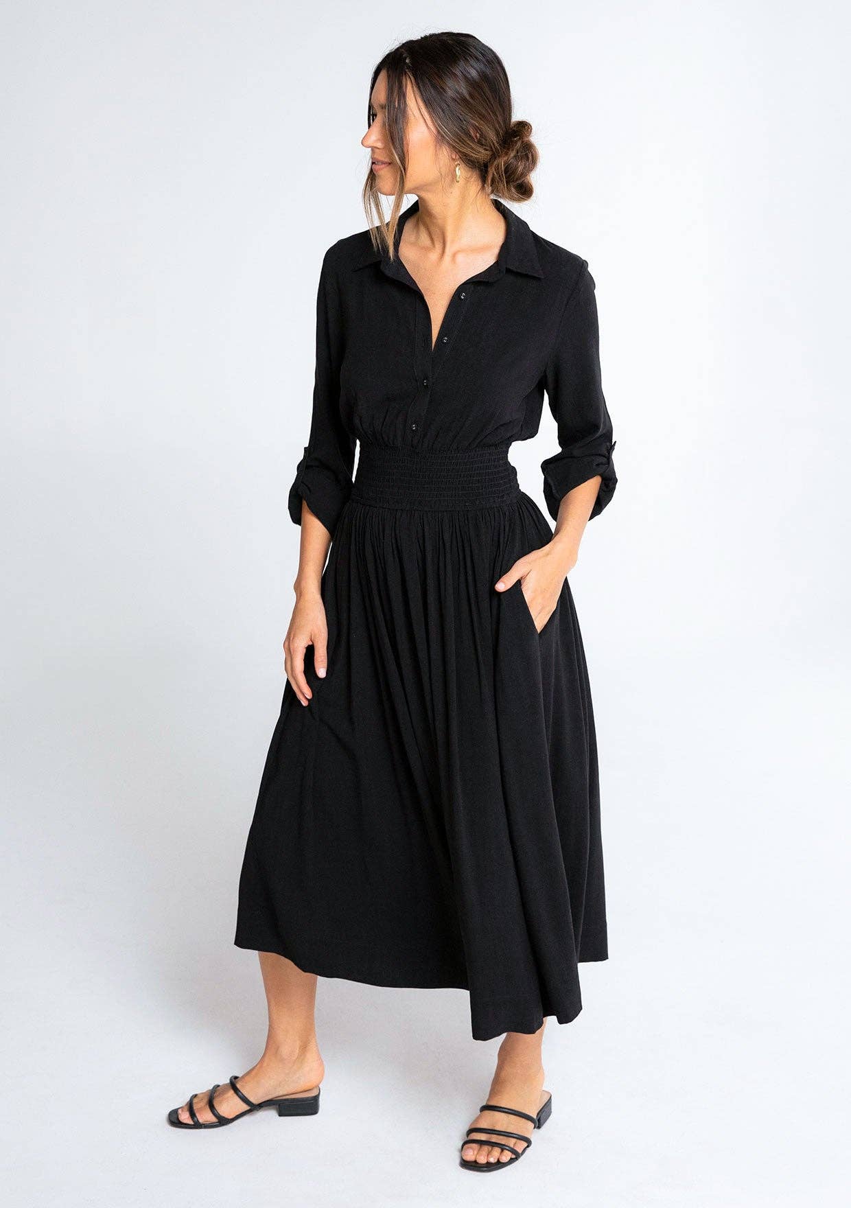 Smocked Midi Dress - Black